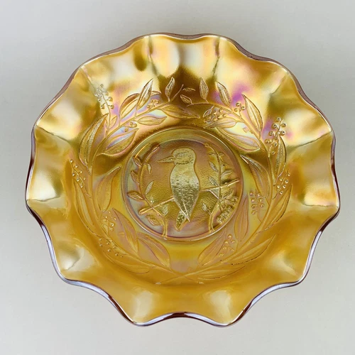 Vintage Marigold Carnival Glass Kingfisher Master Bowl Australian 24cm Rd 4184