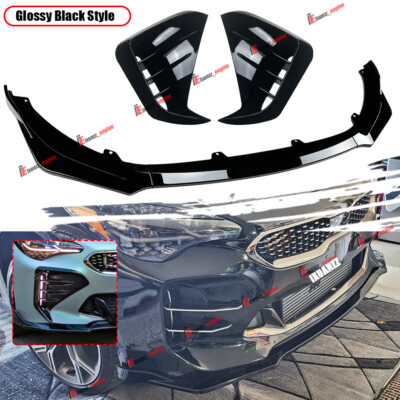 For KIA Stinger GT 18-24 Glossy Blk Front Bumper Lip + Vent Hole Cover Body Kit