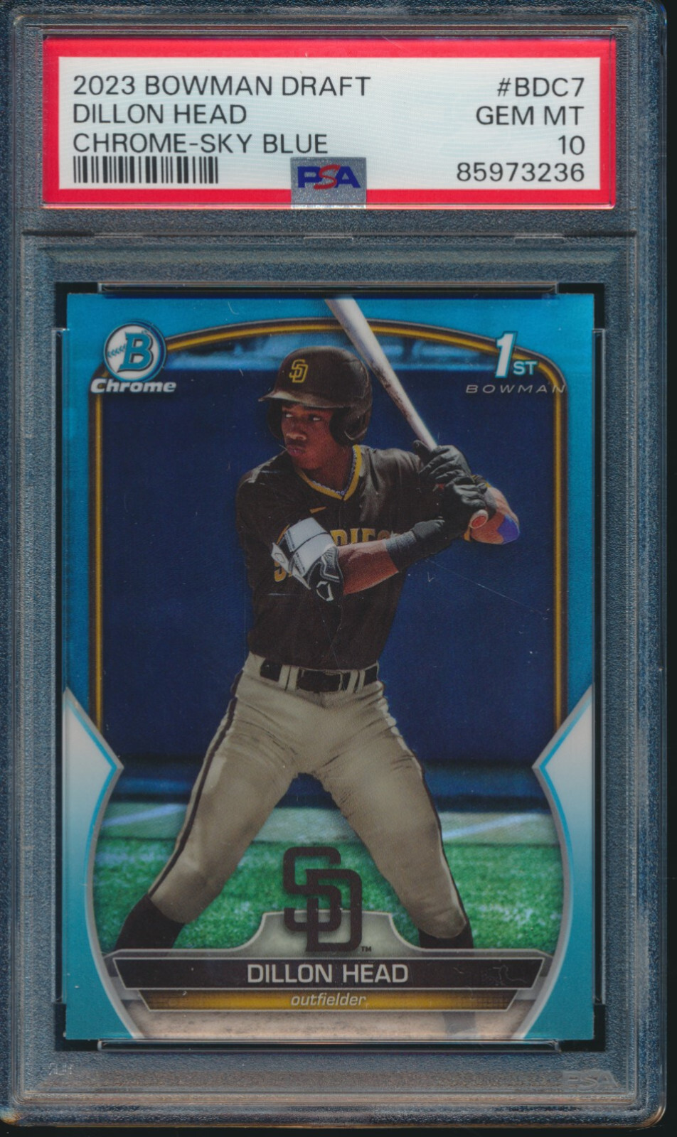 PSA 10 DILLON HEAD 1st 2023 Bowman Chrome Draft SKY BLUE REFRACTOR RC GEM MINT