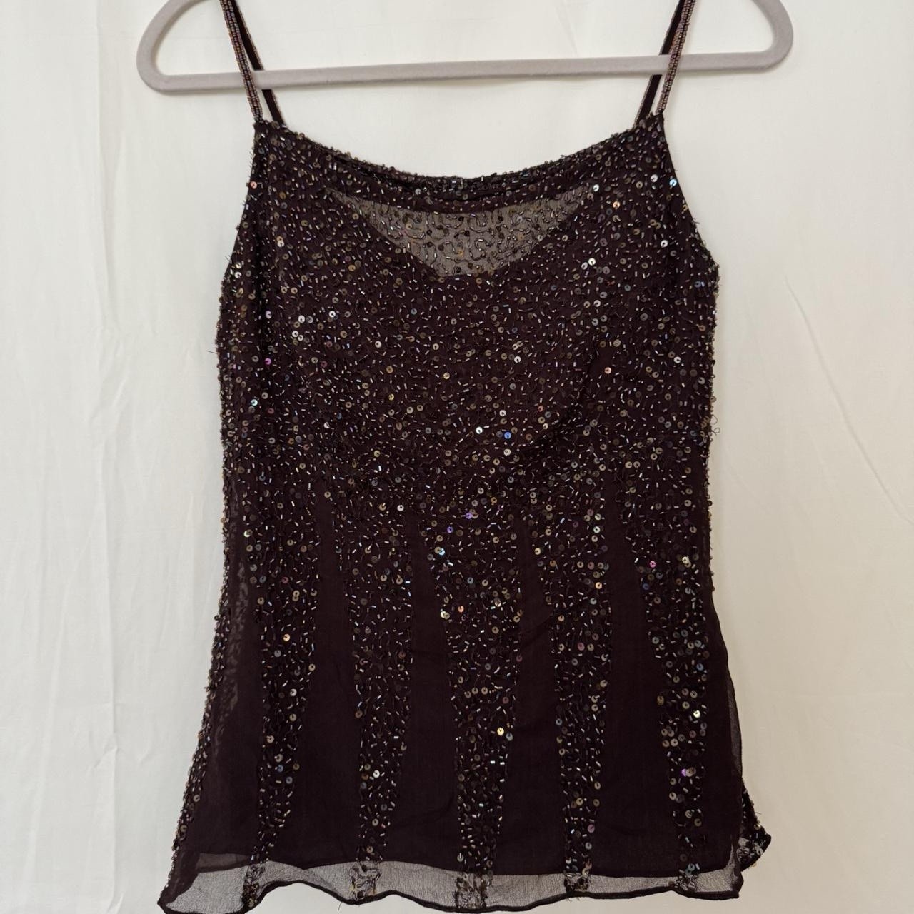 Y2K After Shock Brown 100% Silk Beaded Sequin Fairy Tank Top Deadstock NWT S