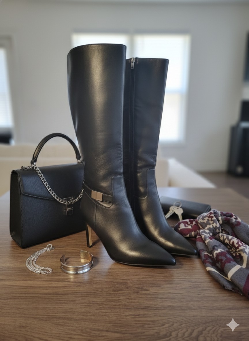 Calvin Klein Women's High Boots, Black Faux Leather, Size 9