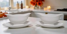 2 Vintage White Ceramic Gravy Boats W/Attached Underplates Holiday
