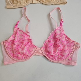 LOT OF 2 Victoria Secret Unlined Demi Bra Pink & Beige Lace Floral Size 38D Bras