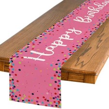 Polka Dot Happy Birthday Table Runner, Seasonal 13" x 90", Table Runner Pink