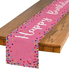  Polka Dot Happy Birthday Table Runner, Seasonal 13" x 90", Table Runner Pink