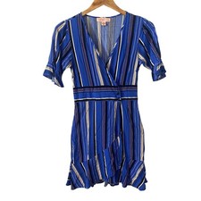 Band of Gypsies Festival Boho Blue Striped V-Neck Ruffle Mini Dress Womens Small