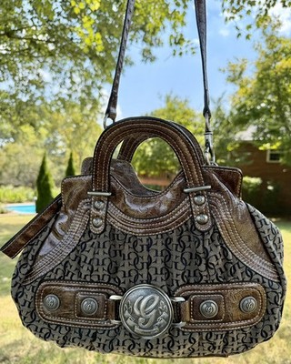 Vintage Y2K GUESS Brown Monogram Jacquard Satchel Big G Shoulder Bag Purse