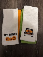 4 piece set Halloween Fall Kitchen Dish Towels Pumpkins Happy Halloween