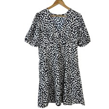 Uniqlo Black Ivory Mini Dress Size Lrg Printed Short Sleeve Summer Flowy Flirty