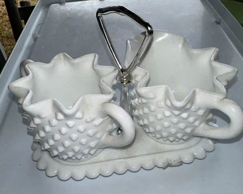 Vintage Fenton Hobnail Milk Glass Sugar Bowl & Creamer Set W/ Serving Tray