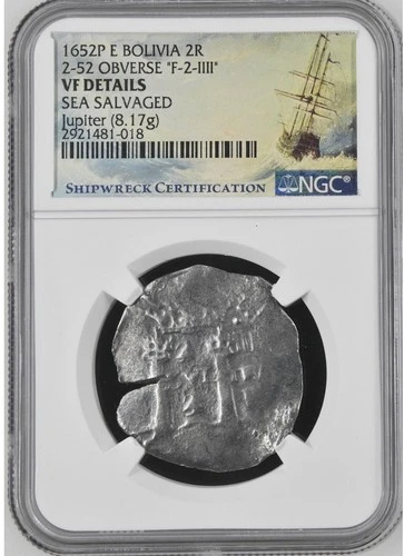 JUPITER SHIPWRECK  Bolivia 2 REALES  NGC VF Dated 1652 Details Shipwreckcoins