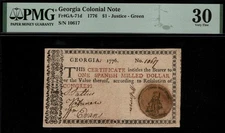 GA-71d  " Green Justice Seal "  PMG VF30  $1 1776 Georgia Colonial Currency Note