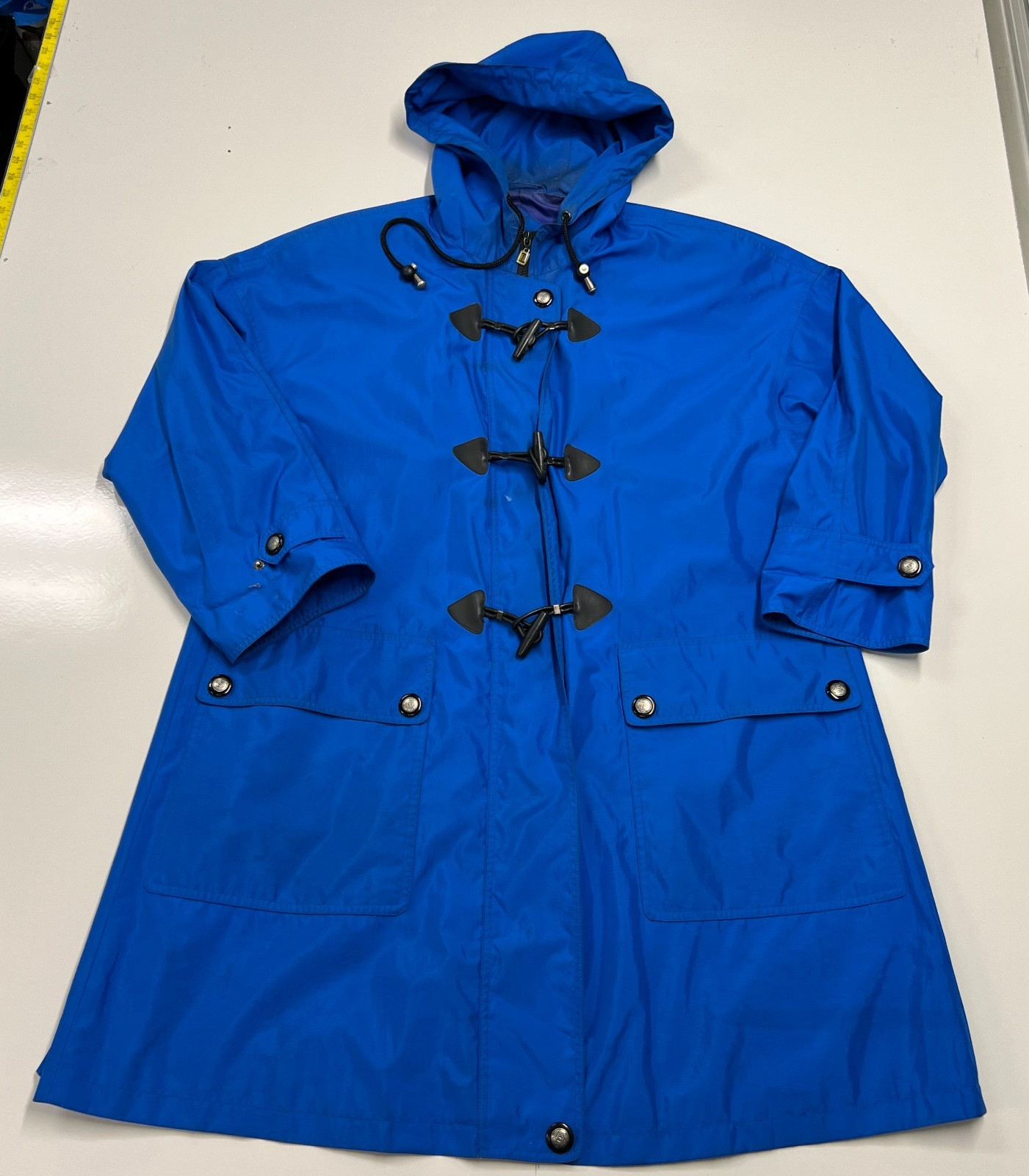 Vintage Evan Picone Sport Blue Raincoat Hooded Toggle Jacket Women XL