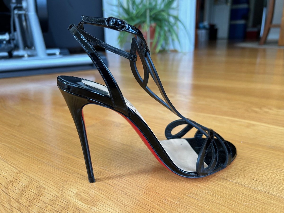 CHRISTIAN LOUBOUTIN Double L 100 Black Patent Slingback Sandals SZ