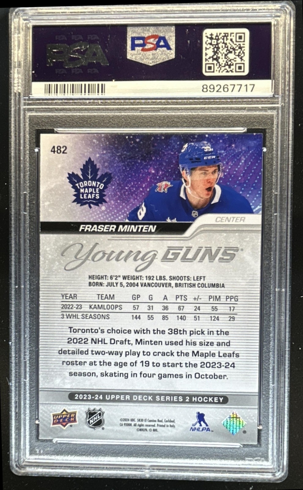 2023-24 Upper Deck Fraser Minten Rookie Young Guns RC #482 Maple Leafs PSA 10 view 2