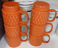 (6) Vintage Bright Orange Stackable Coffee Tea Mug Cup Scale Motif w/ Handle 3"D