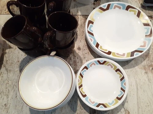 Vintage Corelle SQUARED 38pc Dishware Service for 10 Brown-Green-Blue