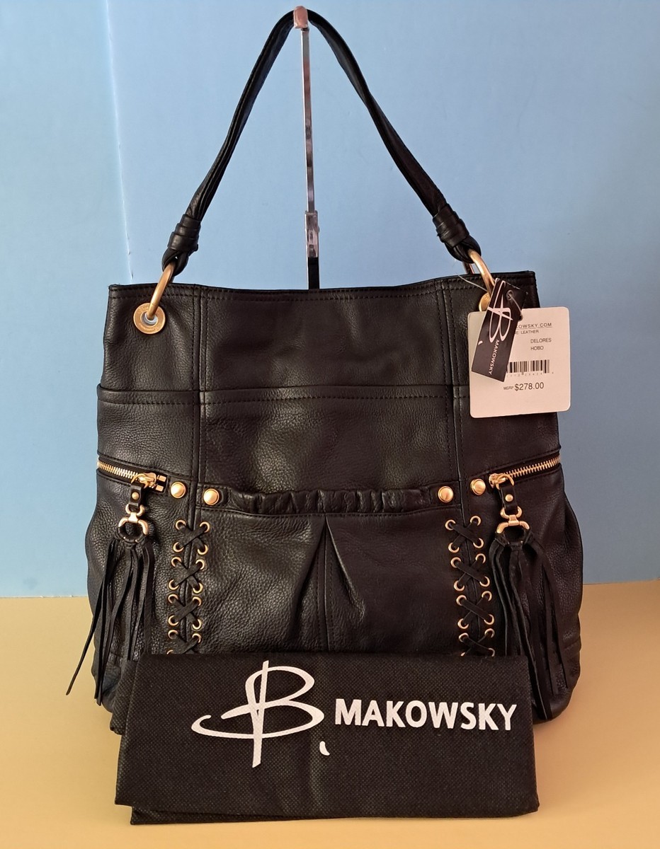 B Makowsky Black Leather Hobo Shoulder Bag w/Tassel Accents 