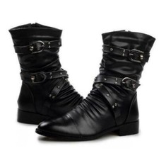 Mens Buckle Mid Calf HIgh Top Boot Faux Leather Shoes Motorcycle boots