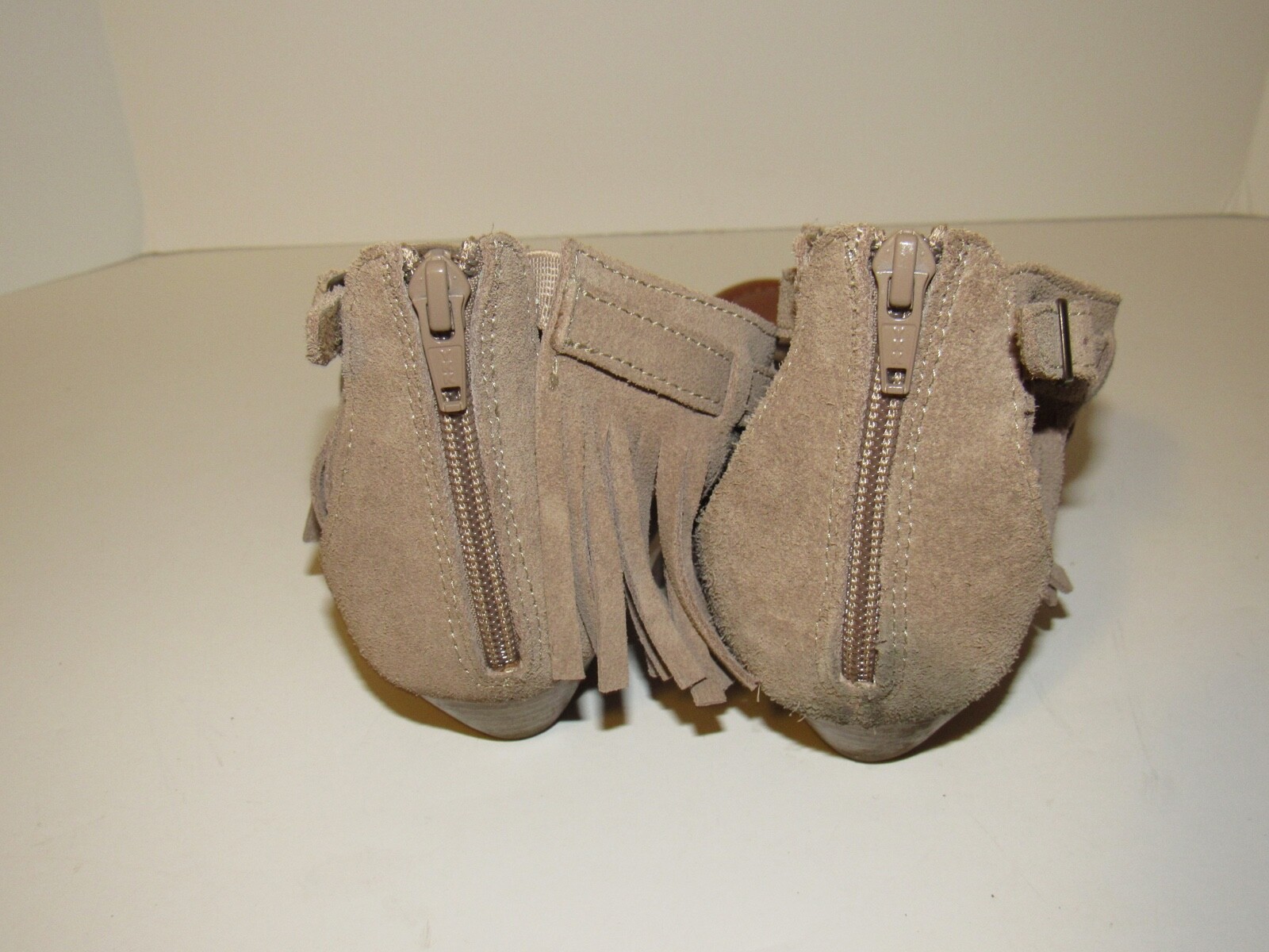 Taupe Leather Ankle Strap Zipper Fringe Sandal 799902 Womens