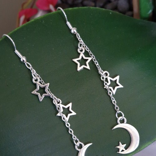 Moon And Stars Antique Silver Dangle Drop Earrings E04 - Picture 3 of 3