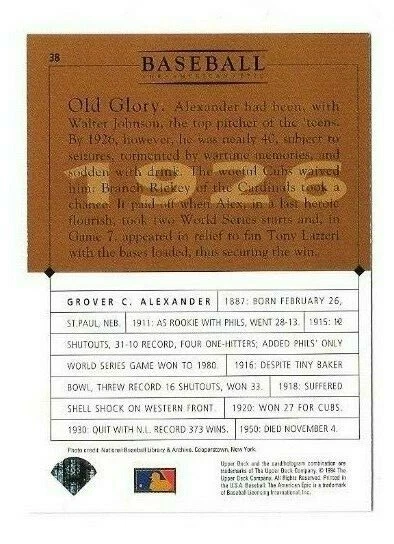 GROVER ALEXANDER THE AMERICAN EPIC ST LOUIS CARDINALS 38 UPPER DECK FREE SHIP - Image 2 of 2