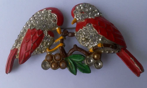 RARE VINTAGE MARCEL BOUCHER RHINESTONE ENAMEL LOVE BIRDS BROOCH PIN