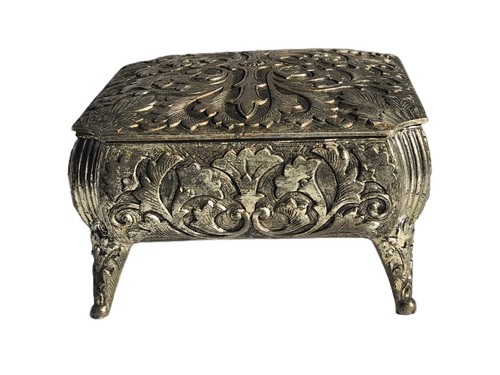 Vintage Ornate Metal Trinket Jewelry Box Footed Red Velvet Lined Not Marked - Picture 3 of 20