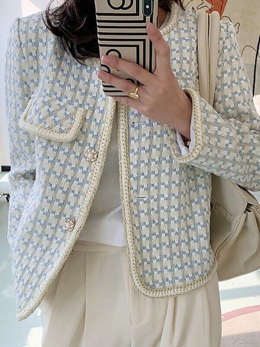 2022 Para mujeres Abrigo Corto a Cuadros Prendas de abrigo Nuevo Moda Tweed Chaqueta Abrigo - Imagen 9 de 13