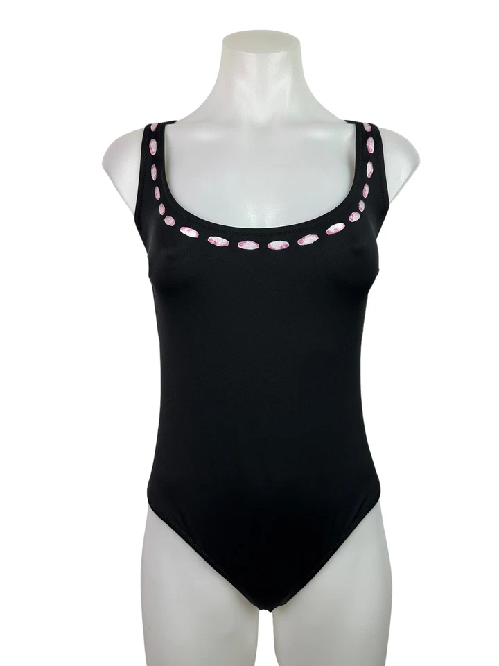 Vintage MOSCHINO 1990s Black Swimsuit Embroidered Bow Ribbon USA Size XL - Image 3 of 4