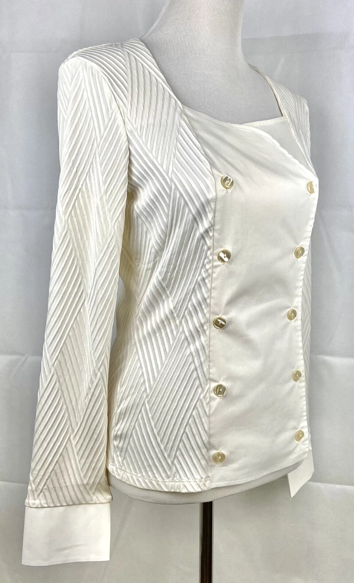 Nara Camicie Top Women s L Mix Fabric Blouse Ivory Stretchy Jersey Made In Italy