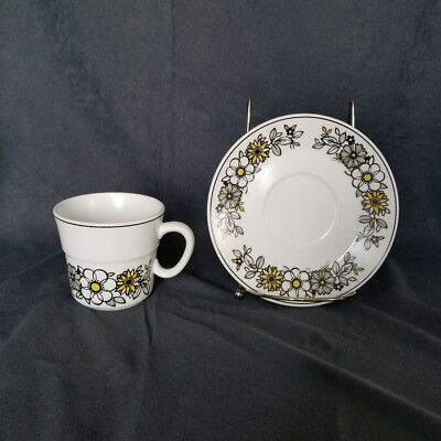 Vintage Noritake Progression Tressa Cup & Saucer Set 9029 Black Yellow Flower 