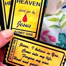 100 cards TICKET TO HEAVEN 2-sided prayer card tracts Gold glossy!