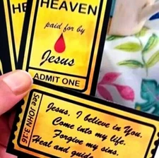 100 cards TICKET TO HEAVEN 2-sided prayer card tracts Gold glossy!