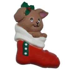 RUSS Christmas Stocking 1980s Pin Pals Nostalgic Puppy Dog Holiday Brooch VTG.