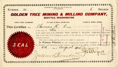 Golden Tree Mining and Milling Co. - Stock Certificate - Mining Stocks