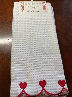 CORONET HOME KITCHEN TOWELS (2) HEARTS SCALLOP WHITE WAFFLE TURKISH COTTON NWT