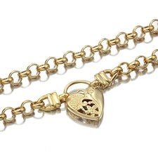 18K GL Solid Belcher Yellow Gold Necklace with Half Filigree Heart Padlock