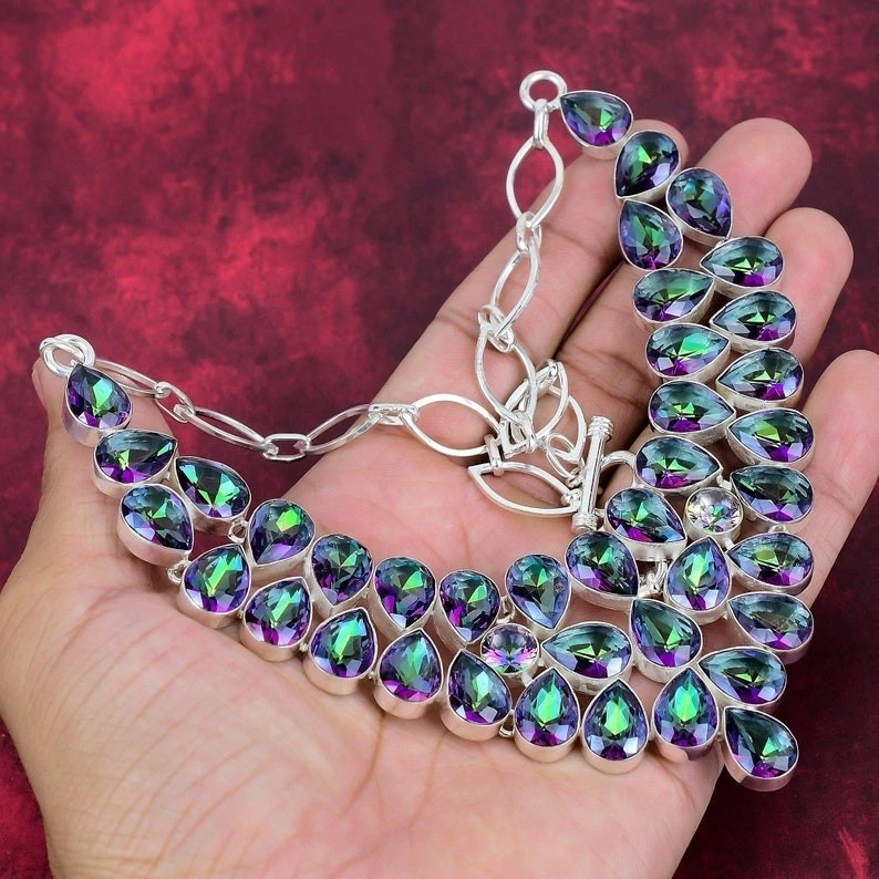 Mystic Topaz Gemstone Handmade 925 Sterling Silver Jewelry Necklace Size-17-18" - Image 3 of 4