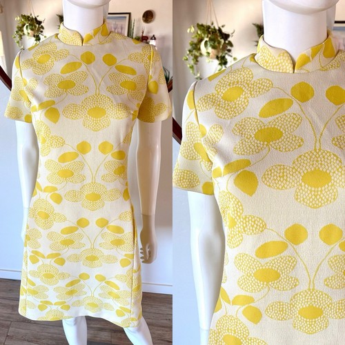 VTG 60'S 70'S GROOVY FLORAL YELLOW IVORY KNIT SHIFT DRESS FITS XS-S - Picture 8 of 9