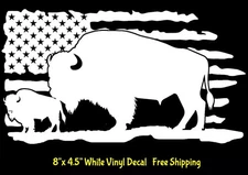 Bison Buffalo American Flag 8" White Vinyl Decal Car Windows Any Flat Surface