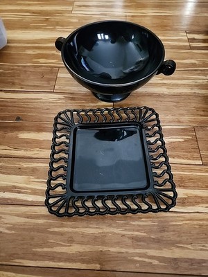 2 PCS Art Deco Style Black Amethyst Scroll Footed Bowl and Plate Vintage Silver