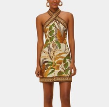 NWOT Farm Rio Foliage Sketch Sand Halter Neck Linen Mini Dress Size XS