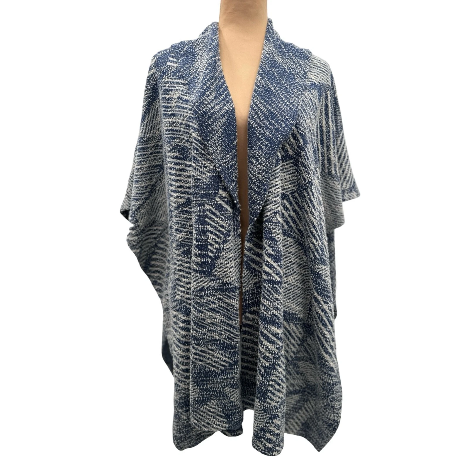 Chico's Patterned Petra Ruana Wrap Geometrical Blue White Cotton Blend OS