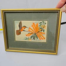 Vintage J&J Cash Woven Picture Rufous Hummingbird Floral Framed Art