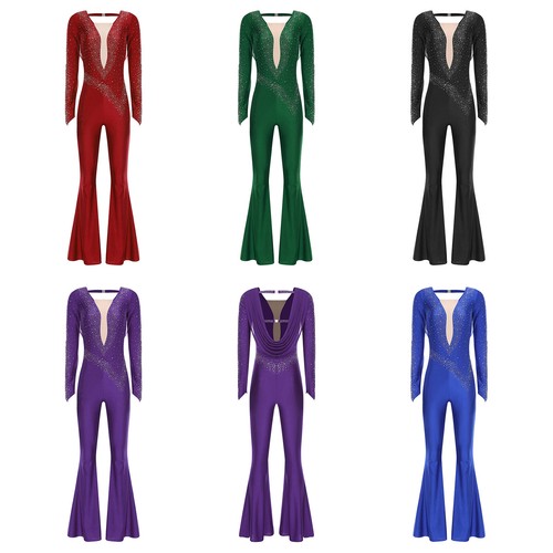 Damen Tanzkleidung Kostüm Pullover Cha-cha Rompers Langarm Tanz Schnitt Strass - Bild 6 von 61