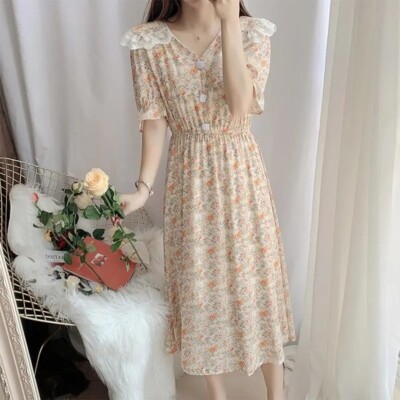 floral chiffon dress short Pink Rose Chiffon Dress: Short Sleeve Summer Sundress