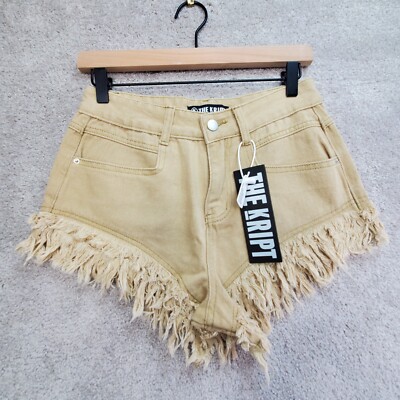 The Kript Shorts Women Size S Tan Mid Rise  Cut-Off Raw Hem Denim Fringe Cheeky