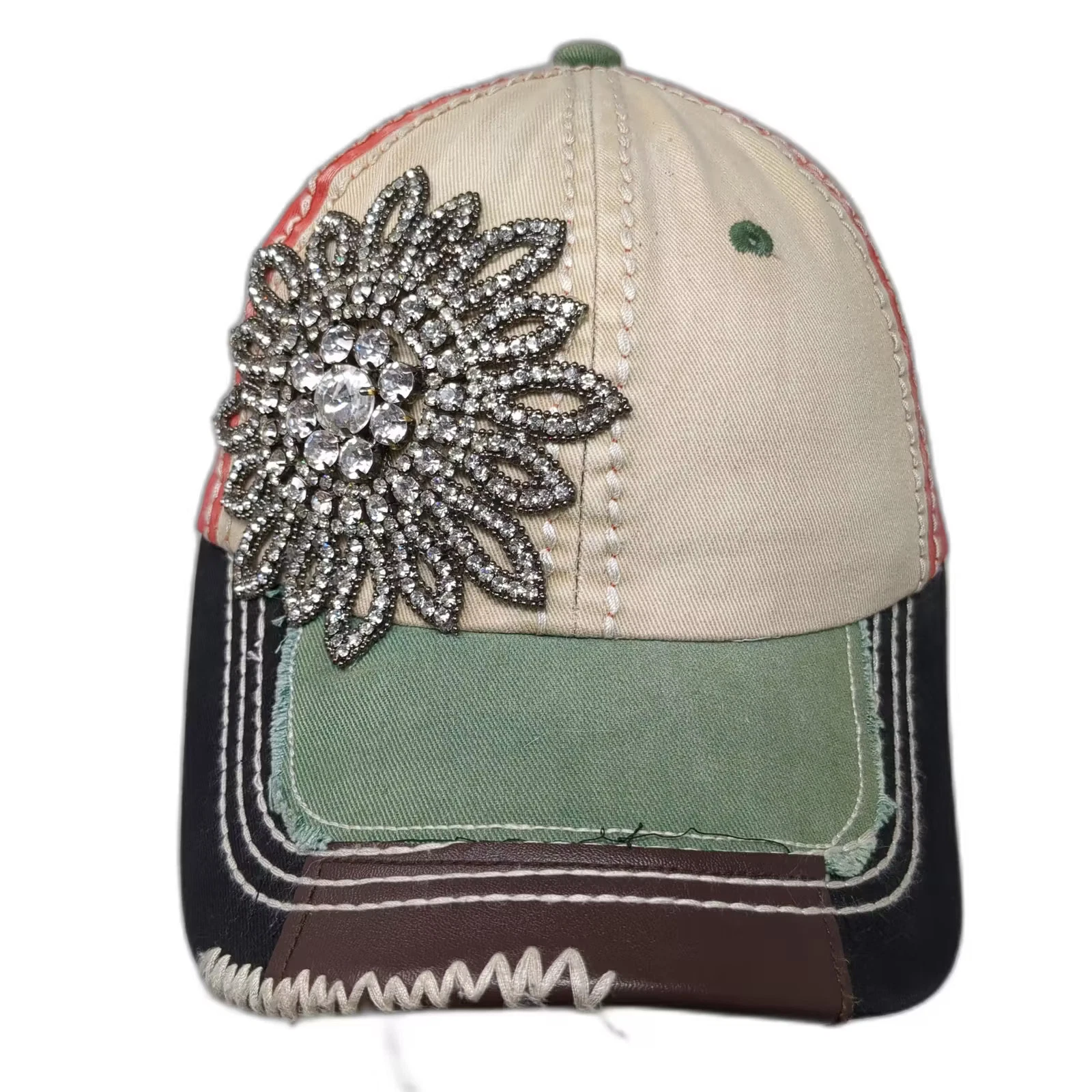Olive & Pique Rhinestone Flower Baseball Cap Beige Red One Size Adjustable Hat