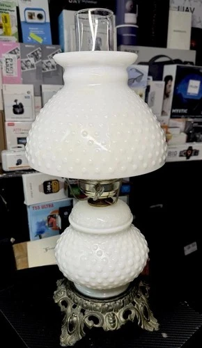 Vintage Hobnail Hurricane Milk Glass Lamp 18” W/ Brass Intricate Accents Rare
